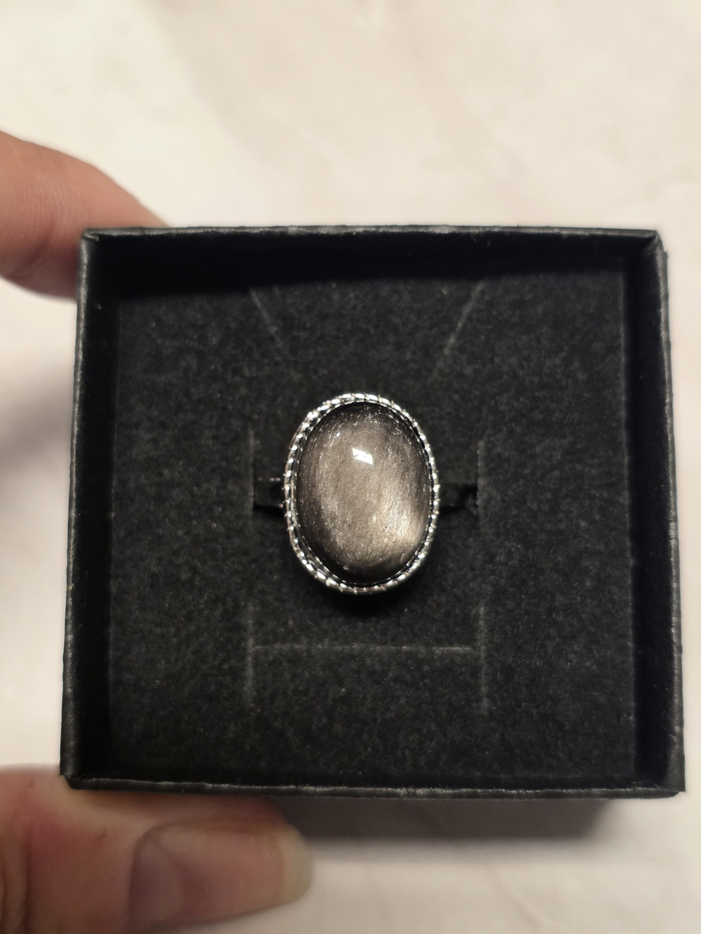 Flashy Silver Obsidian Cabochon Ring